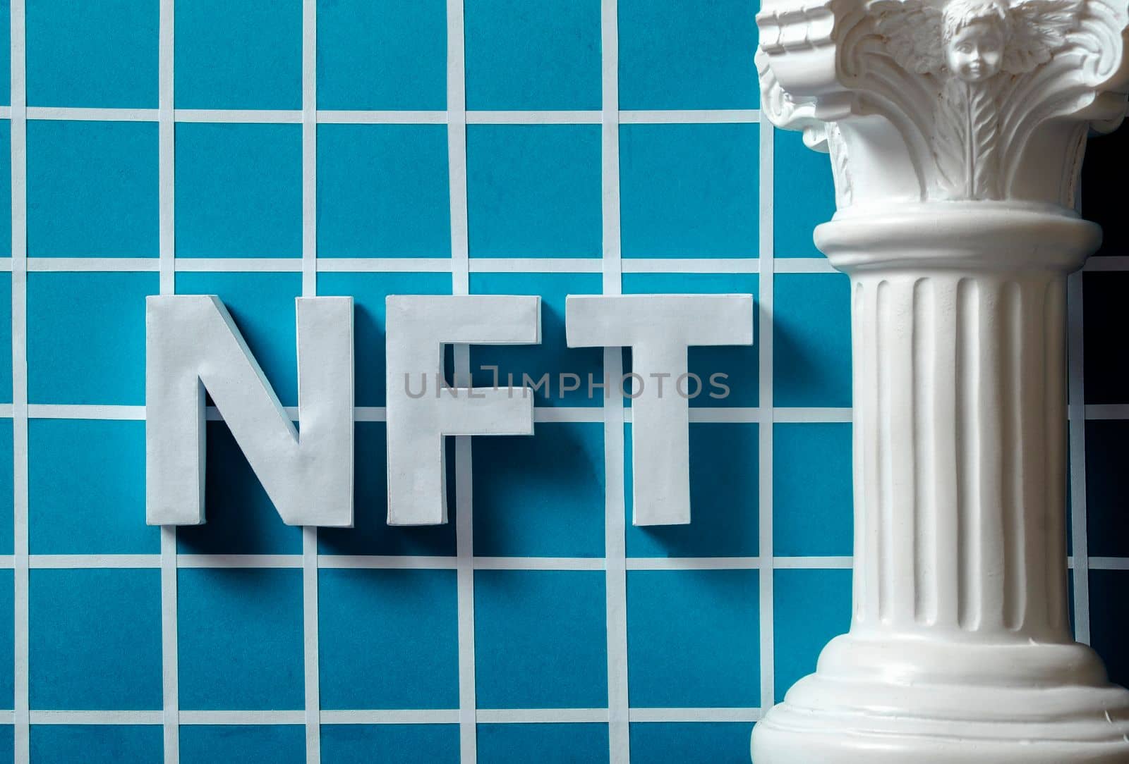 NFT letters and a Roman antique column in the vaporwave style. The concept of future technologies and digital art and cryptocurrency by sergii_gnatiuk
