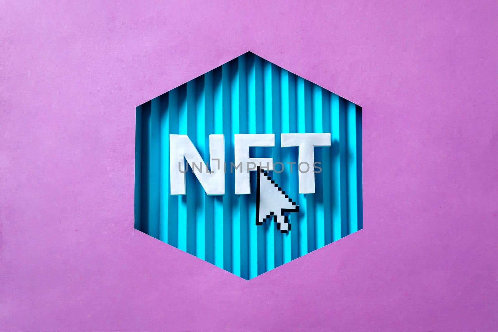 NFT 3D letters and mouse arrow as a concept of blockchain technologies of the future for sale in the virtual marketplace and online business digital art. High quality photo