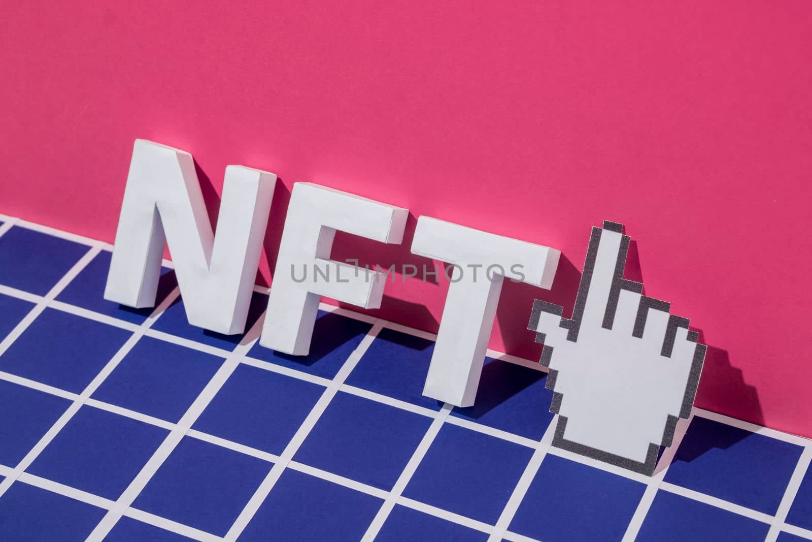 NFT letters symbol 3D text and pixel mouse cursor finger pointer. Minimal concept of blockchain and cryptocurrency online. by sergii_gnatiuk