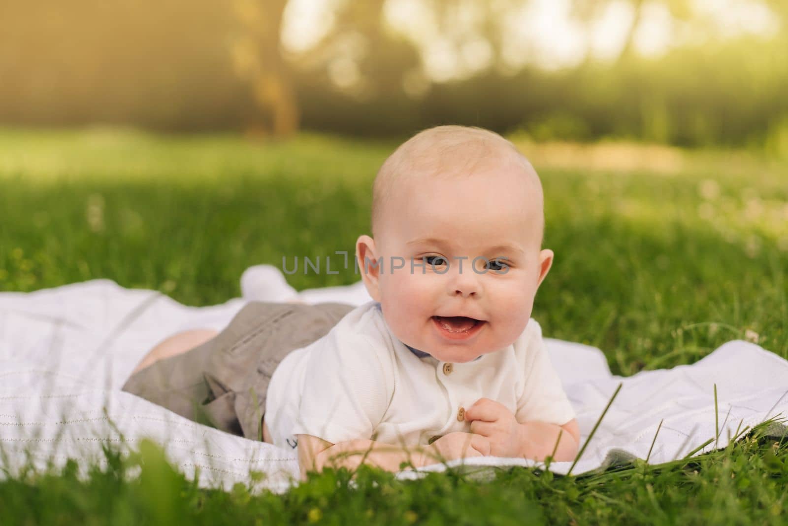 Cute happy toddler lying on a blanket on the grass outdoors in summer.