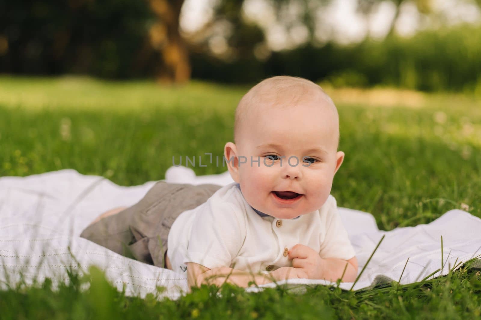 Cute happy toddler lying on a blanket on the grass outdoors in summer.