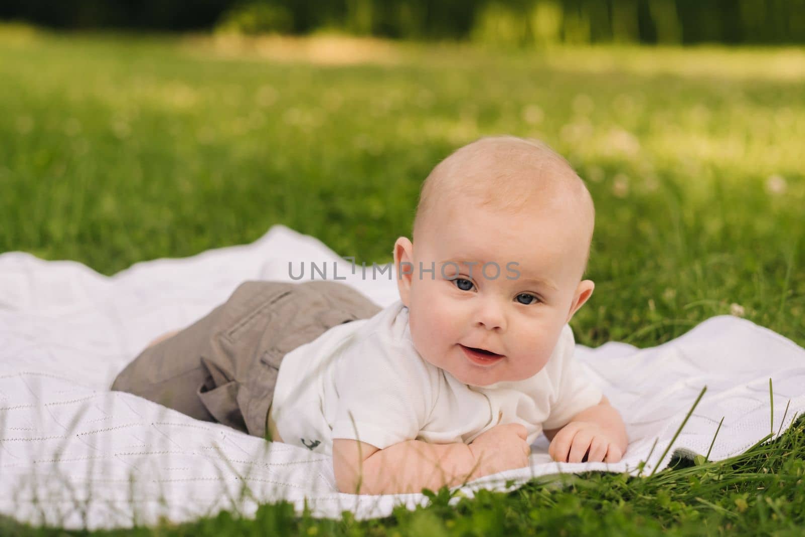 Cute happy toddler lying on a blanket on the grass outdoors in summer.