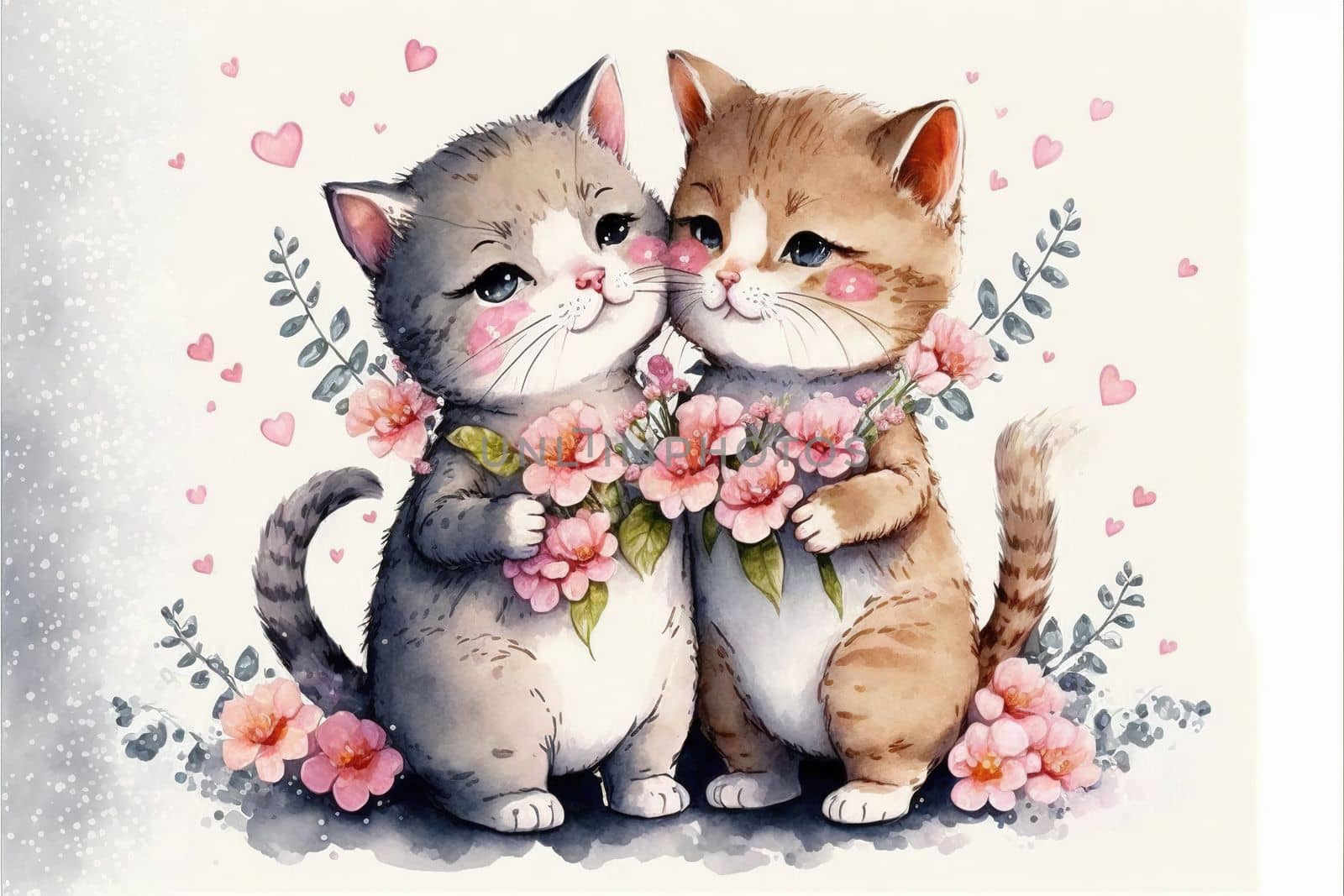 Cute little kitten in love on romantic Valentine's day hand drawn cartoon style. Generative AI Generative AI