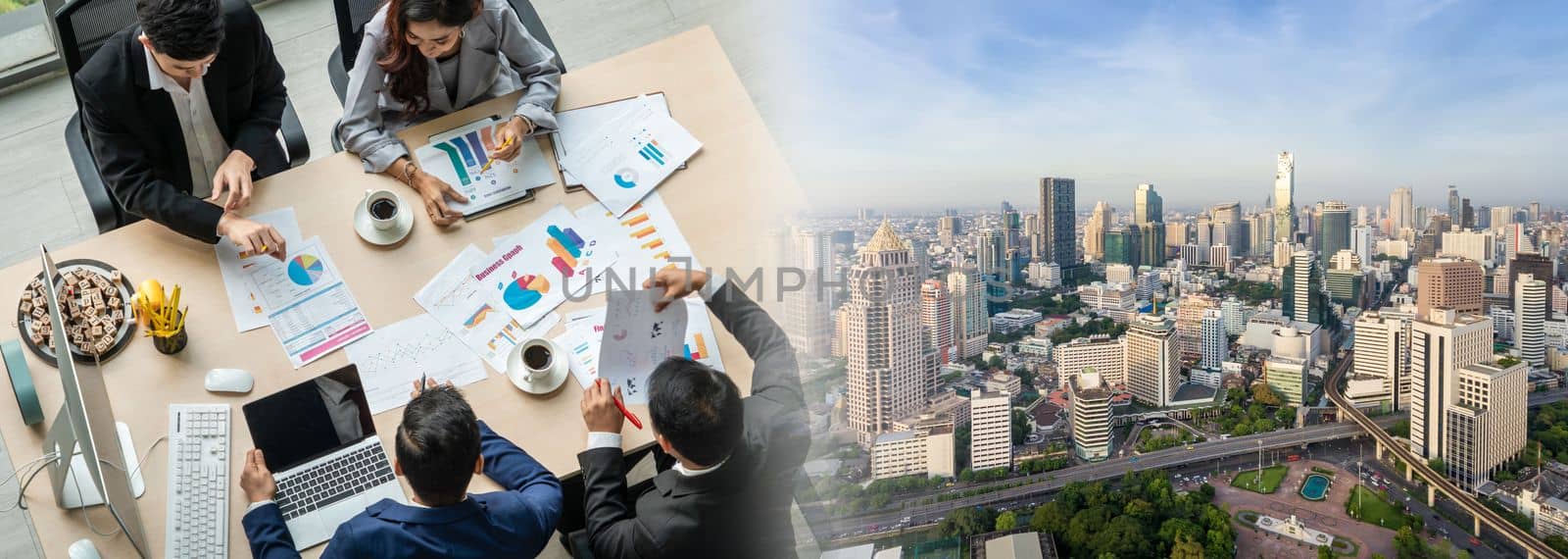 Business people group meeting shot from top widen view in office . Profession businesswomen, businessmen and office workers working in team conference with project planning document on meeting table .