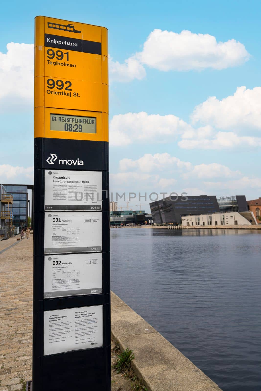 Copenhagen, Denmark. October 2022.  view of the sign at the public transport boat stop in the Frederiksholms canal in the city center