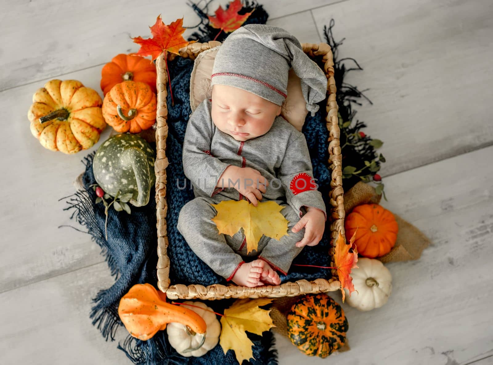 Newborn baby boy swaddled in fabric sleeping with knitted pumpkin toy and decoration. Adorable infant child kid studio halloween portrait
