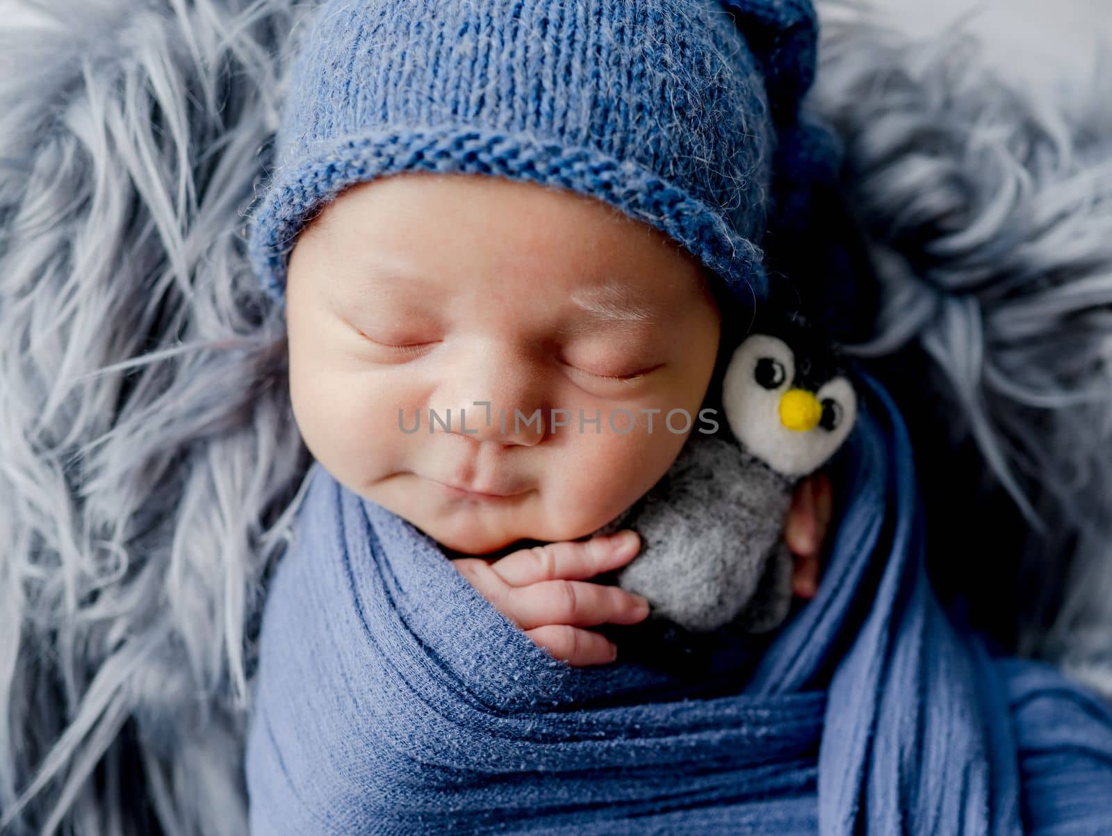 Newborn baby boy swaddled in fabric holding bird toy and sleeping in basin studio portrait. Infant child kid napping