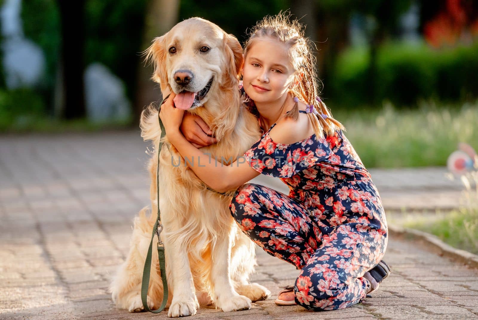 Preteen girl and her golden retriever dog on lace looking at camera. Female child kid with a purebred labrador doggy pet