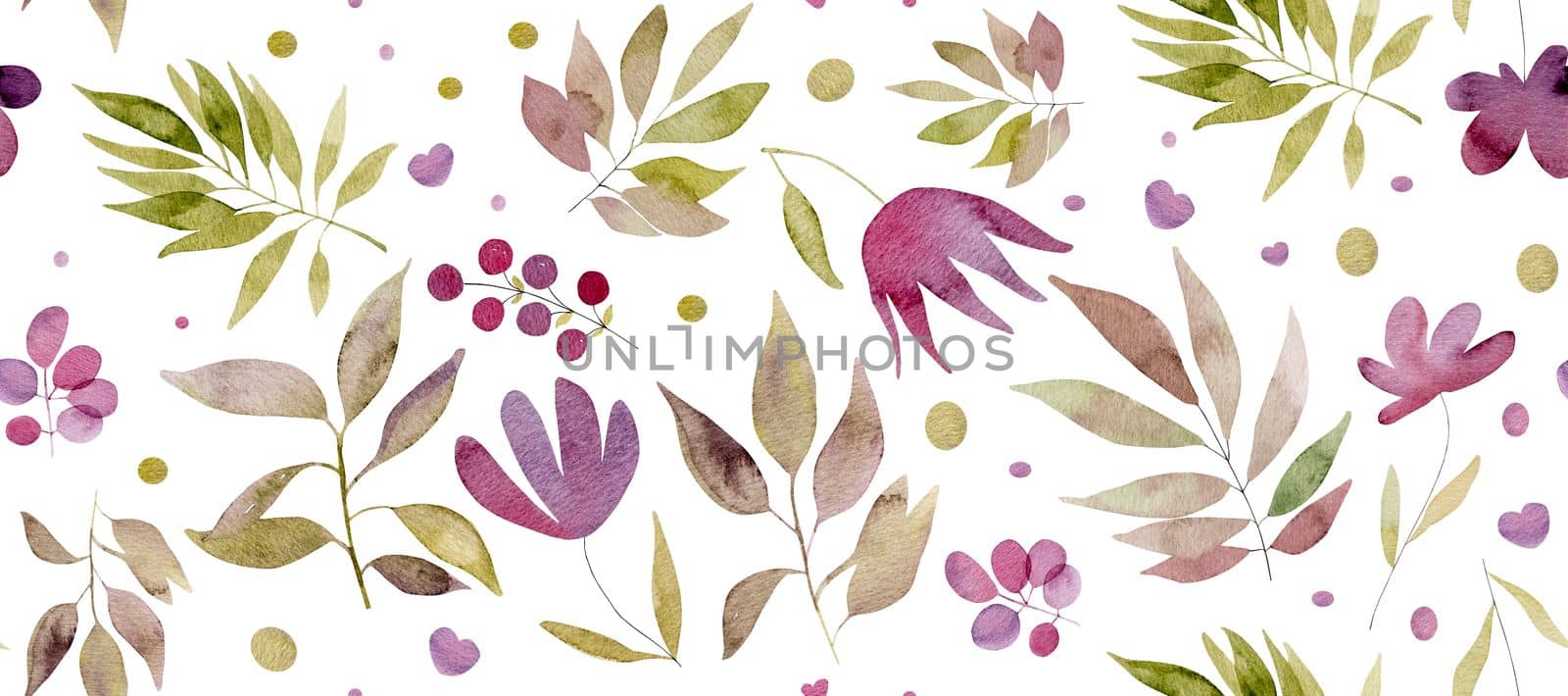Watercolor botanical seamless pattern with flowers and plants. Aquarelle floral spring drawing for romantic and wedding postcards