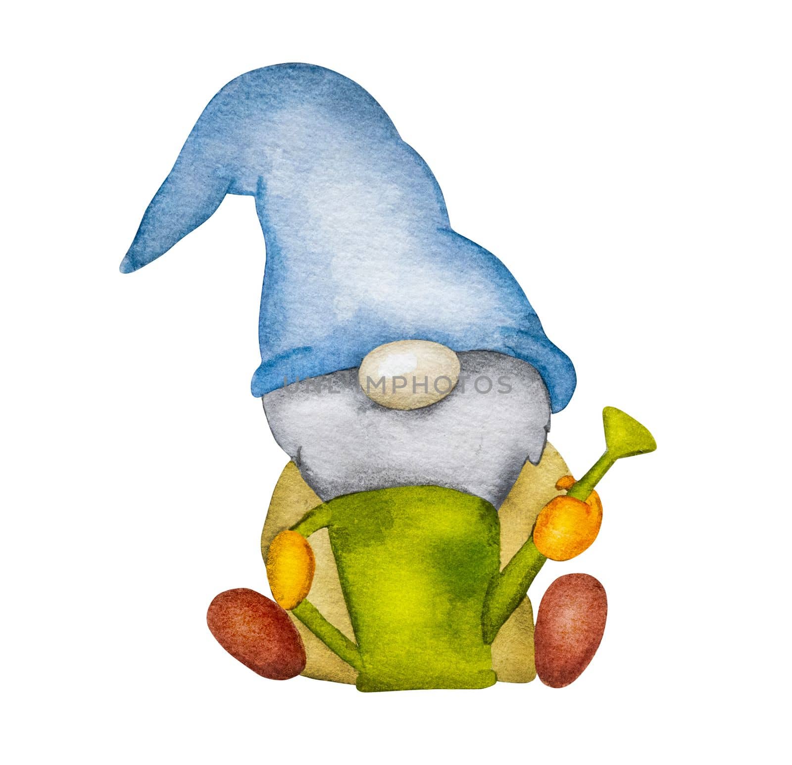 Watercolor hand drawn gnome dwarf with watering can on white background for postcards. Troll elf aquarelle painting
