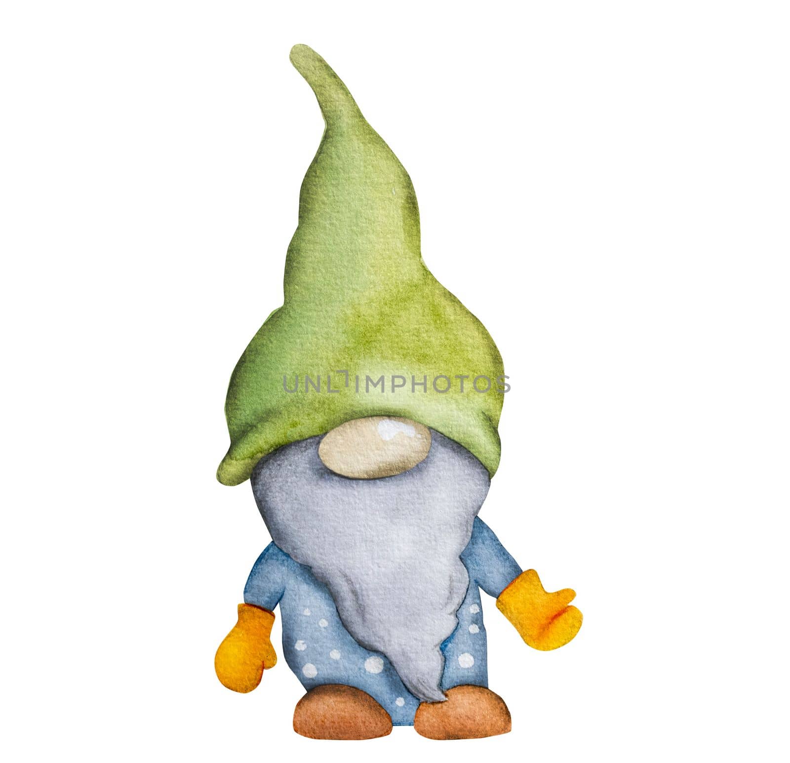 Watercolor hand drawn gnome dwarf on white background for postcards. Cute troll elf wearing hat aquarelle painting