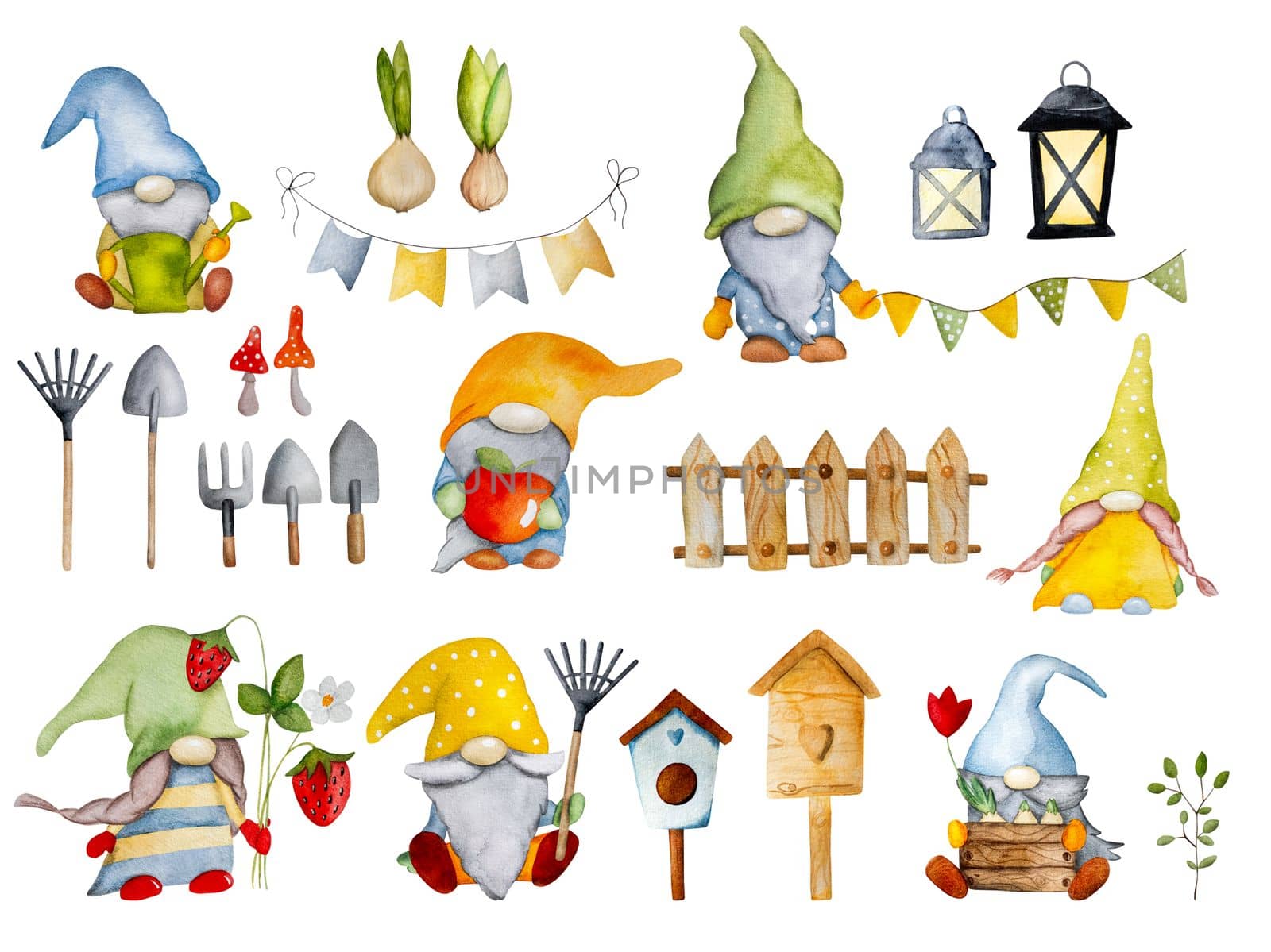 Watercolor hand drawn gnomes dwarfs in garden set on white background for postcards. Troll elfs aquarelle paintings collection