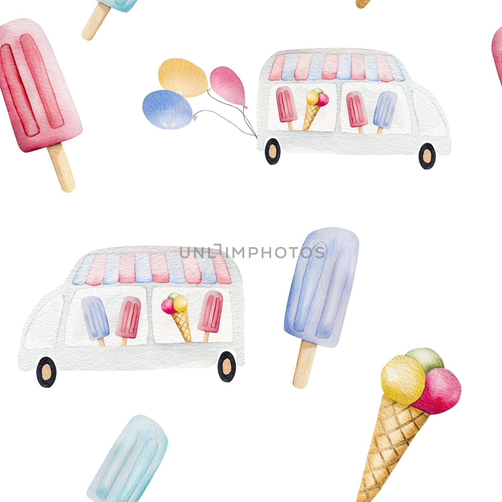 Watercolor truck with different icecream types and air balloons postcard illustration. Car bus with sweet summer desert aquarelle drawing