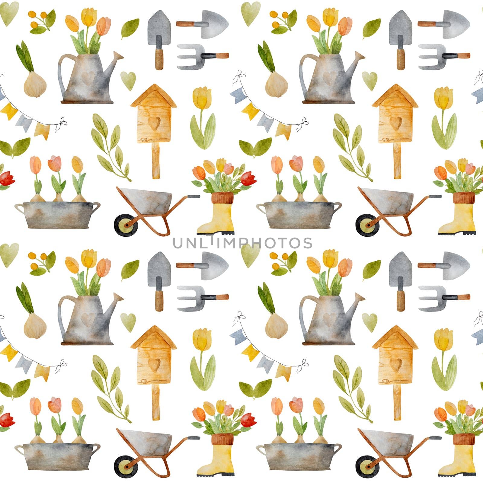 Spring watercolor set with tulip bouquet in rubber boot and trough, garden cart and tools seamless pattern. Cute aquarelle drawings collection with flowers and bird house