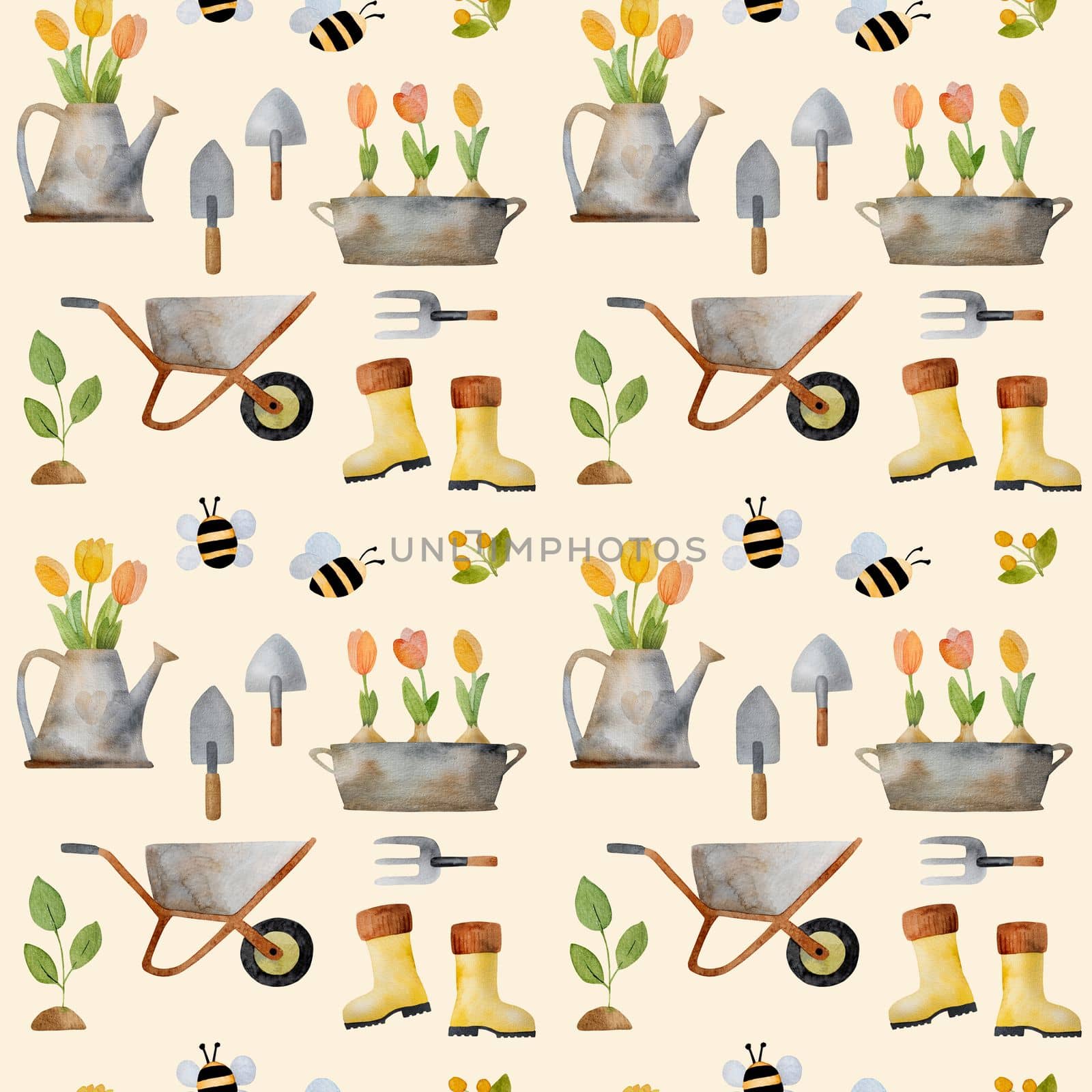 Spring watercolor set with tulip bouquet in rubber boot and trough, garden cart and tools seamless pattern. Cute aquarelle drawings collection with flowers and bird house