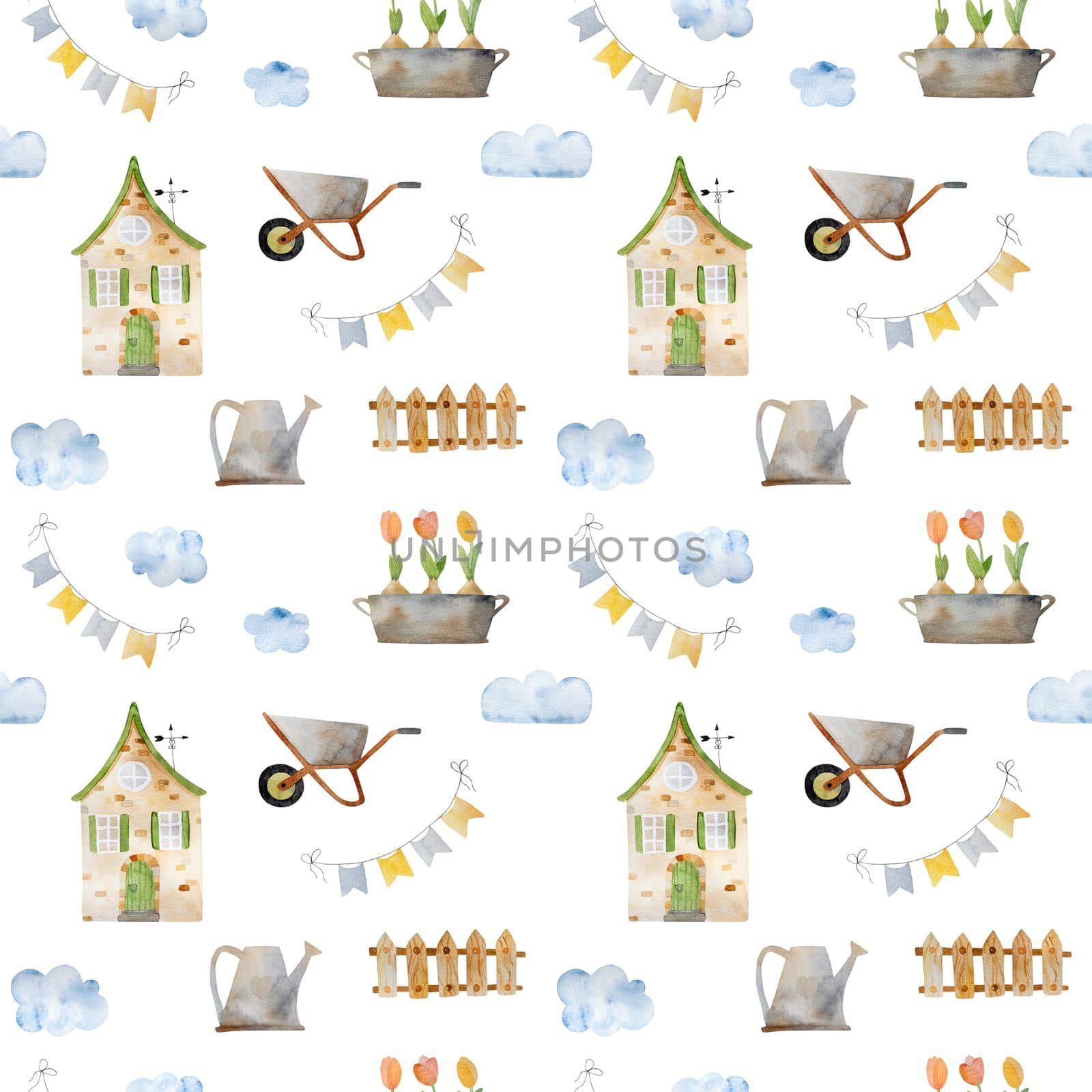 Spring watercolor house with garden equipment and tulips seamless pattern. Cozy home building and clouds aquarelle drawing for postcard