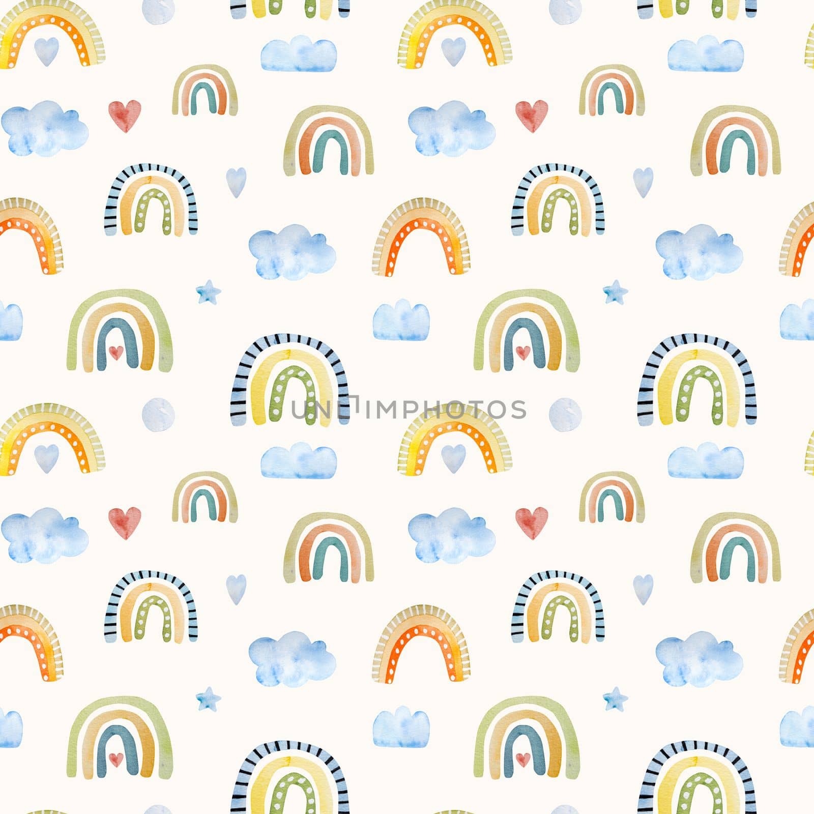 Spring watercolor rainbow and cloud seamless pattern for decoration. Childish aquarelle paintings with weather elements and heart