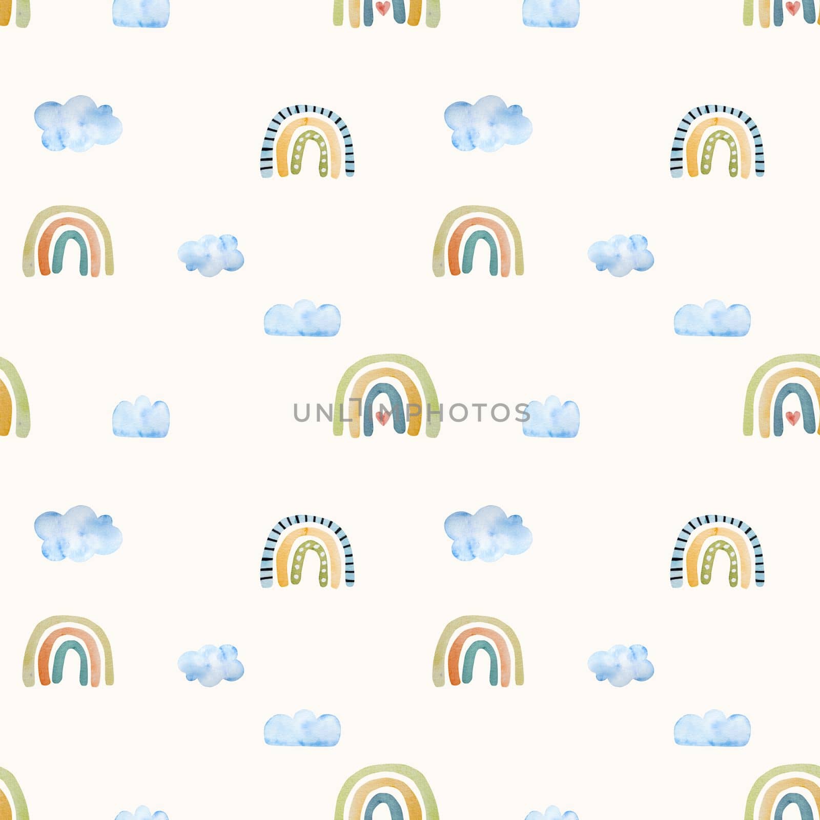 Spring watercolor rainbow and cloud seamless pattern for decoration. Cute trendy aquarelle paintings for kids