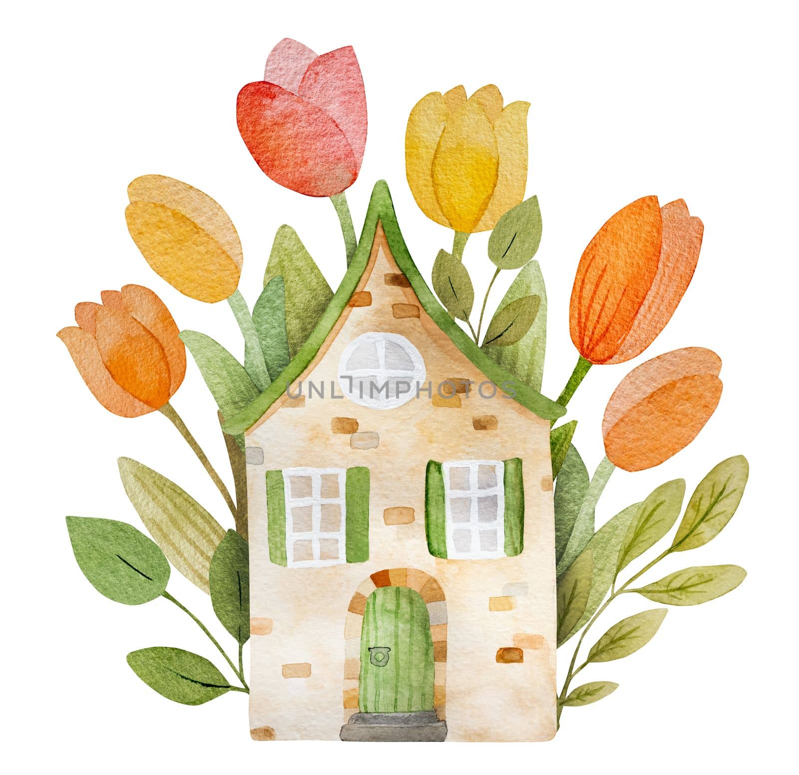 Spring watercolor house with tulips painting on white backgroung. Cozy home building with garden flowers aquarelle drawing for postcard
