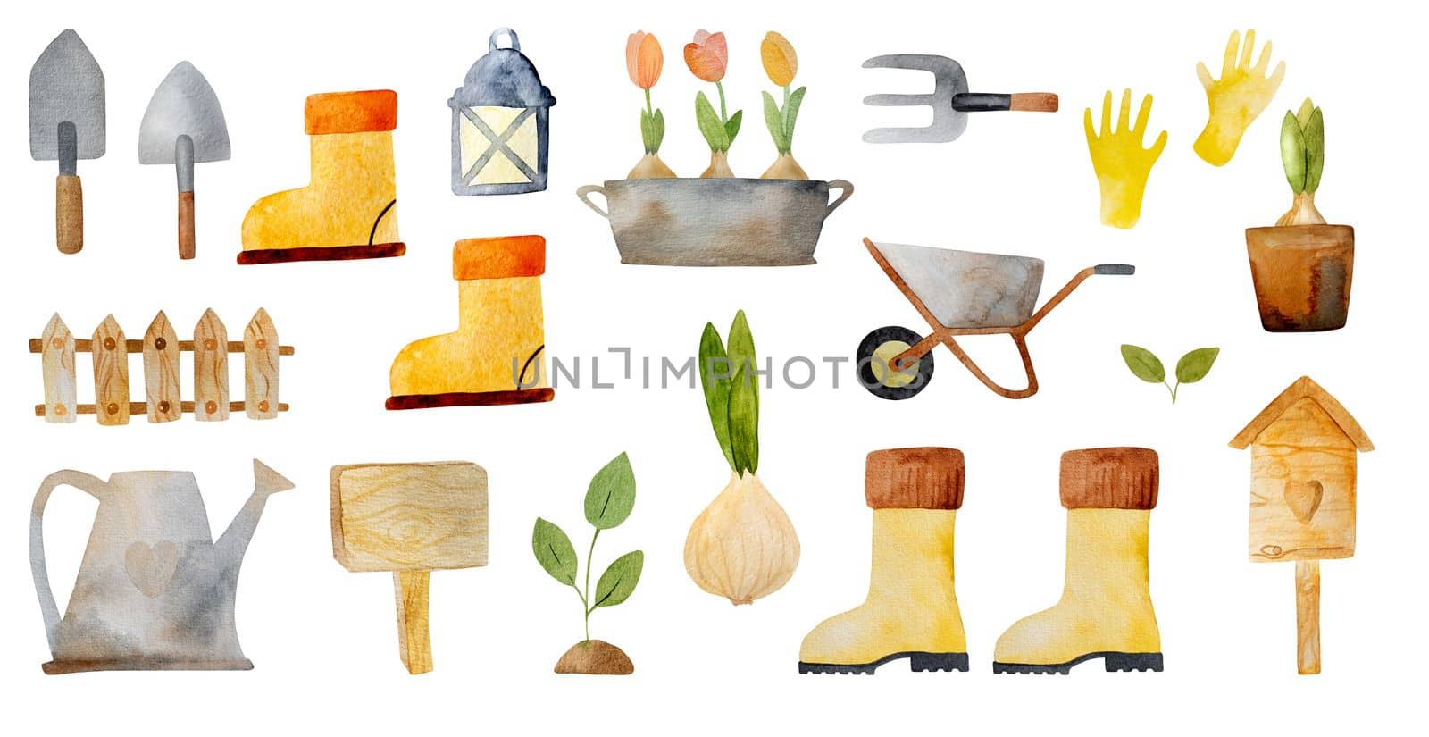 Spring watercolor set with tulip bouquet, garden tools and rubber boots. Cute aquarelle drawings collection with flowers, bee and bird house
