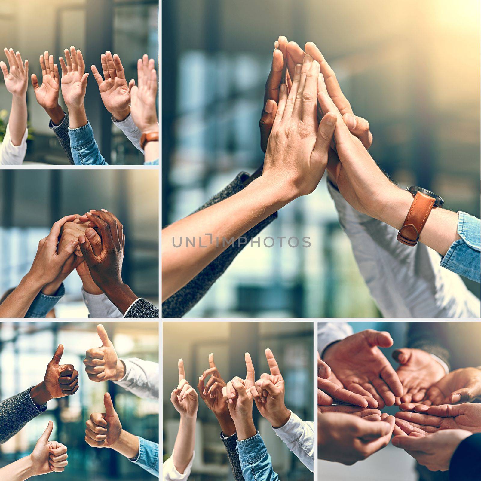 Success all around guys. Composite shot of a group of unrecognizable people putting up their hands and using different types of gestures inside of a office. by YuriArcurs