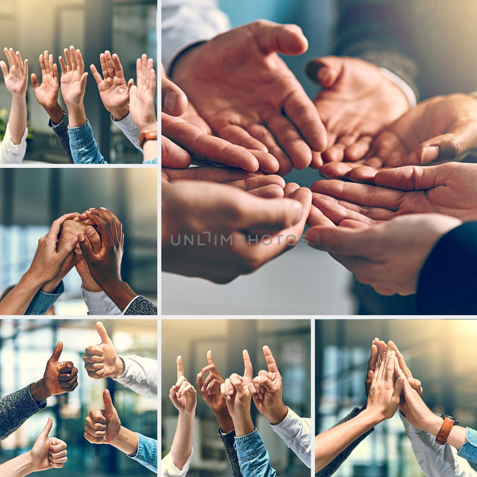 Teams are built by teamwork. Composite shot of a group of unrecognizable people putting up their hands and using different types of gestures inside of a office. by YuriArcurs