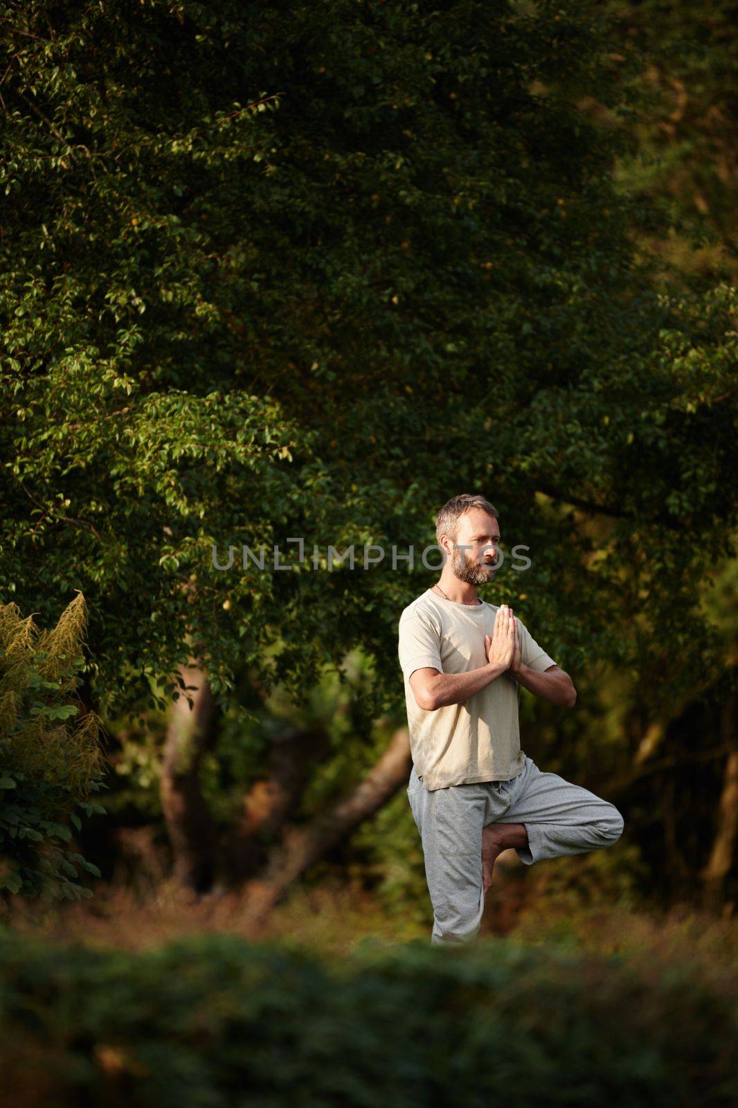He found a tranquil yoga spot. a mature man doing a standing yoga pose in nature. by YuriArcurs