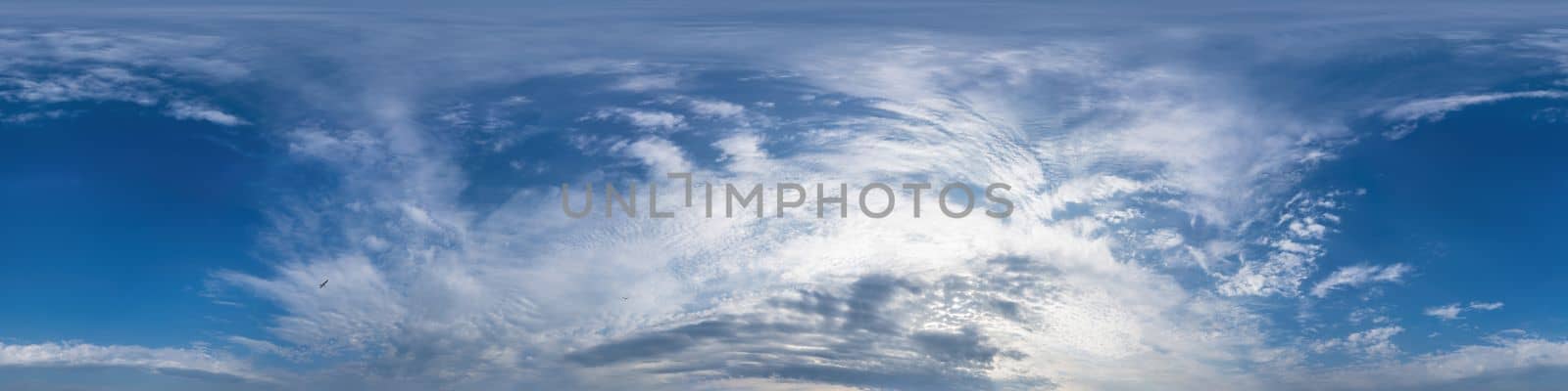 Dark blue sunset sky panorama with pink Cumulus clouds. Seamless hdr 360 pano in spherical equirectangular format. Full zenith for 3D visualization, game, sky replacement for aerial drone panoramas