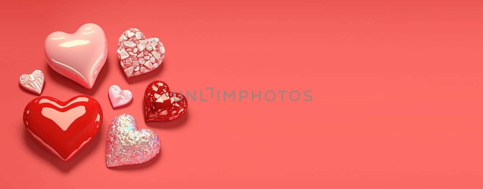 Glittering 3D Heart, Diamond, and Crystal Illustration for Valentine's Day Design Background and Banner