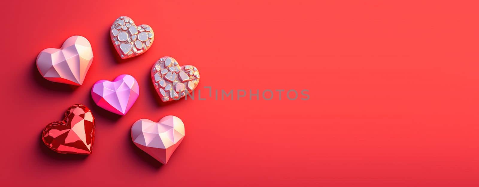 Glittering 3D Heart, Diamond, and Crystal Illustration for Valentine's Day Design Background and Banner