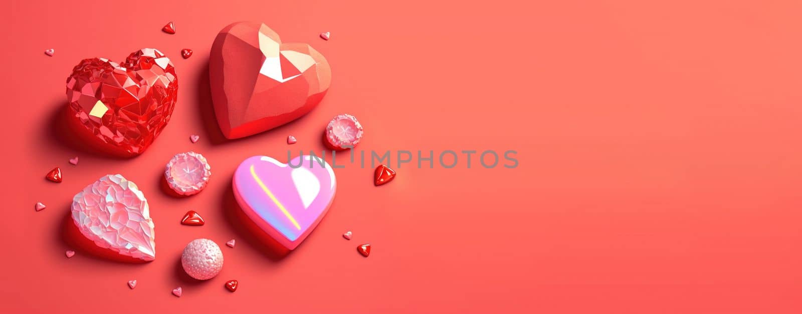 Valentine's Day 3D Illustration Design Heart Diamond and Crystal Themed Banner and Background