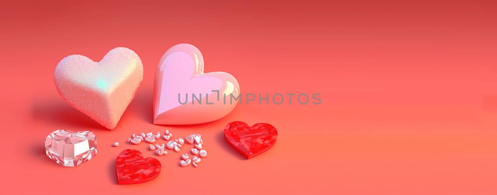 Glittering 3D Heart, Diamond, and Crystal Illustration for Valentine's Day Design Background and Banner