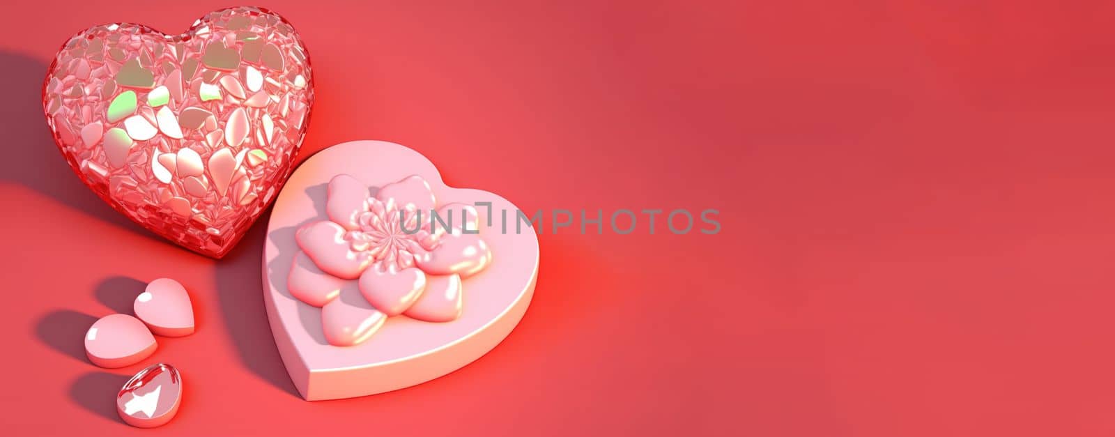 Glittering 3D Heart, Diamond, and Crystal Illustration for Valentine's Day Design Background and Banner