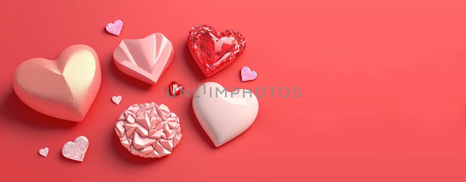 Valentine's Day 3D Illustration Design Heart Diamond and Crystal Themed Banner and Background