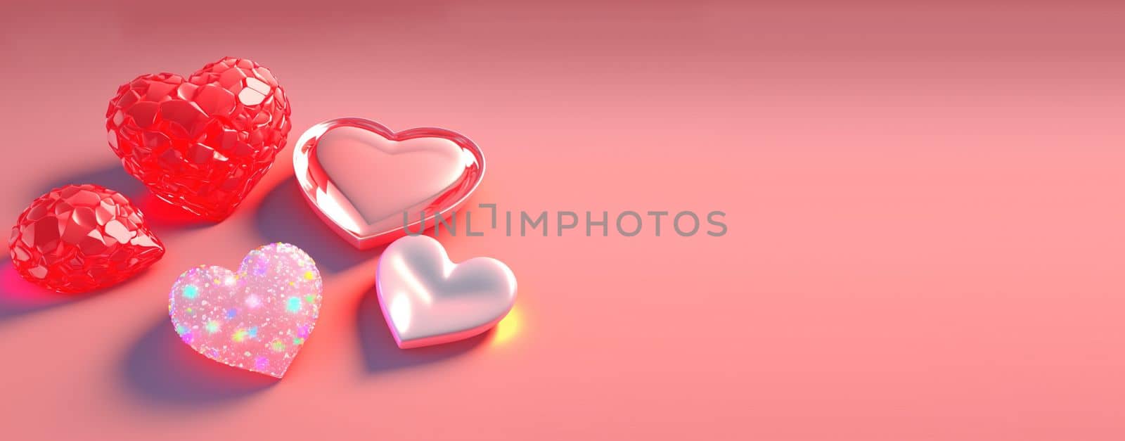 Twinkling 3D Heart Shape, Diamond, and Crystal Illustration for Valentine's Day Banner