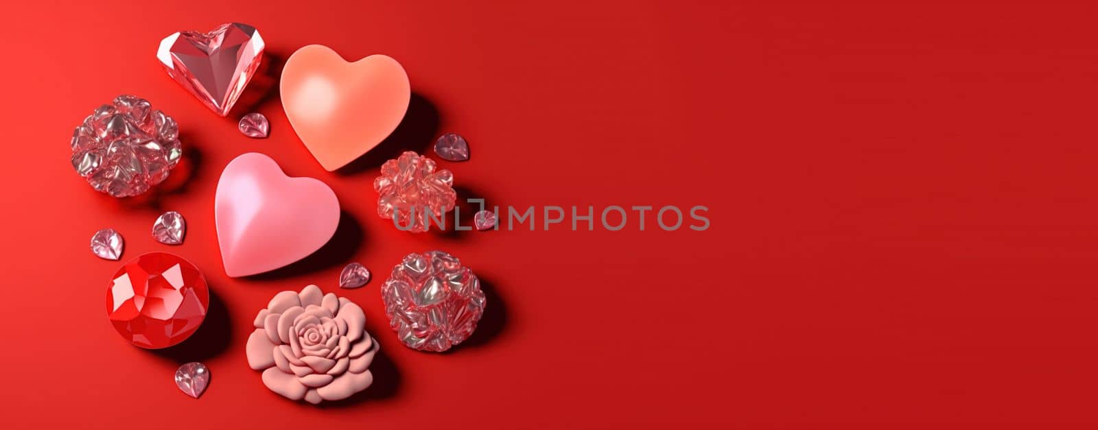 Sparkling 3D illustration of heart, diamond and flower shape for banner and background