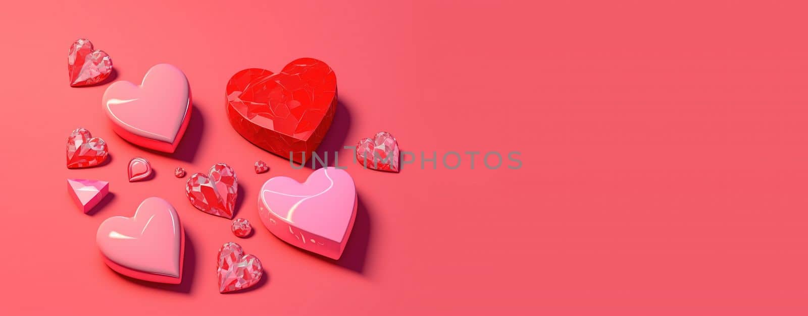 Valentine's Day 3D Illustration of Heart Crystal Diamond for Valentine's Day Promotion Banner and Background