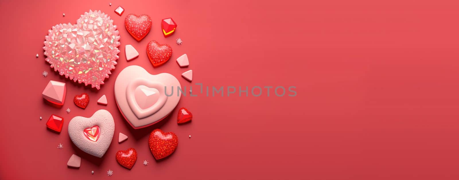 Gorgeous 3D Heart Shape, Diamond, and Crystal Illustration for Valentine's Day Banner by templator