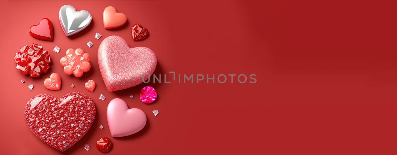 Valentine's Day Banner Background. Sparkling 3D Heart Shape with Diamond and Crystal Illustration by templator