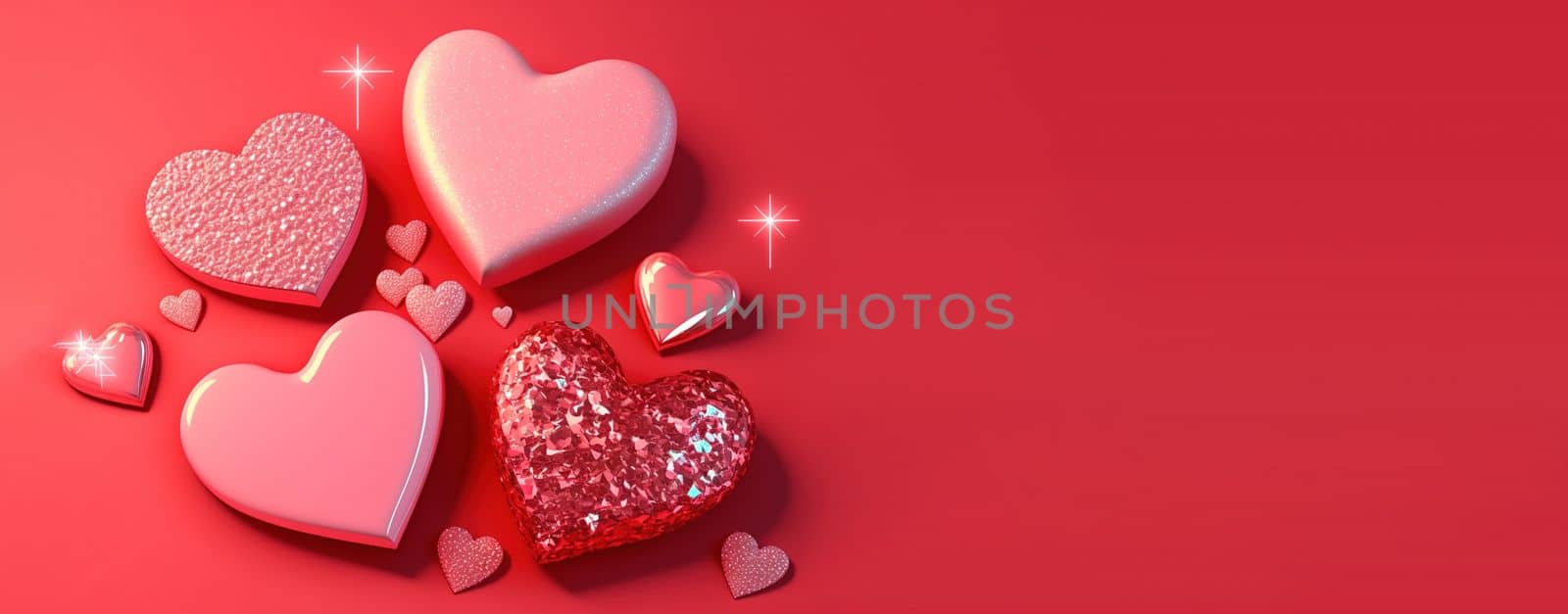 Luxurious 3D Heart, Diamond, and Crystal Illustration for Valentine's Day Background and Banner