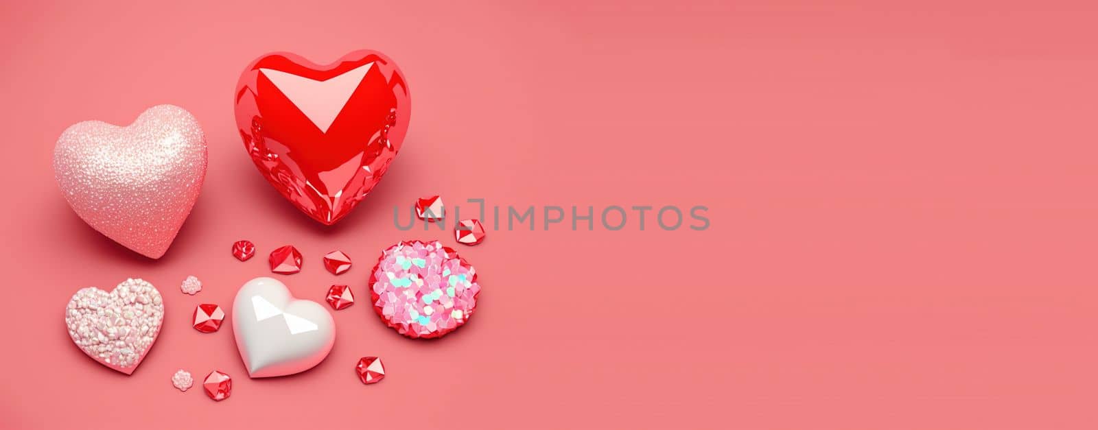 Valentine's Day Banner Background. Sparkling 3D Heart Shape with Diamond and Crystal Illustration