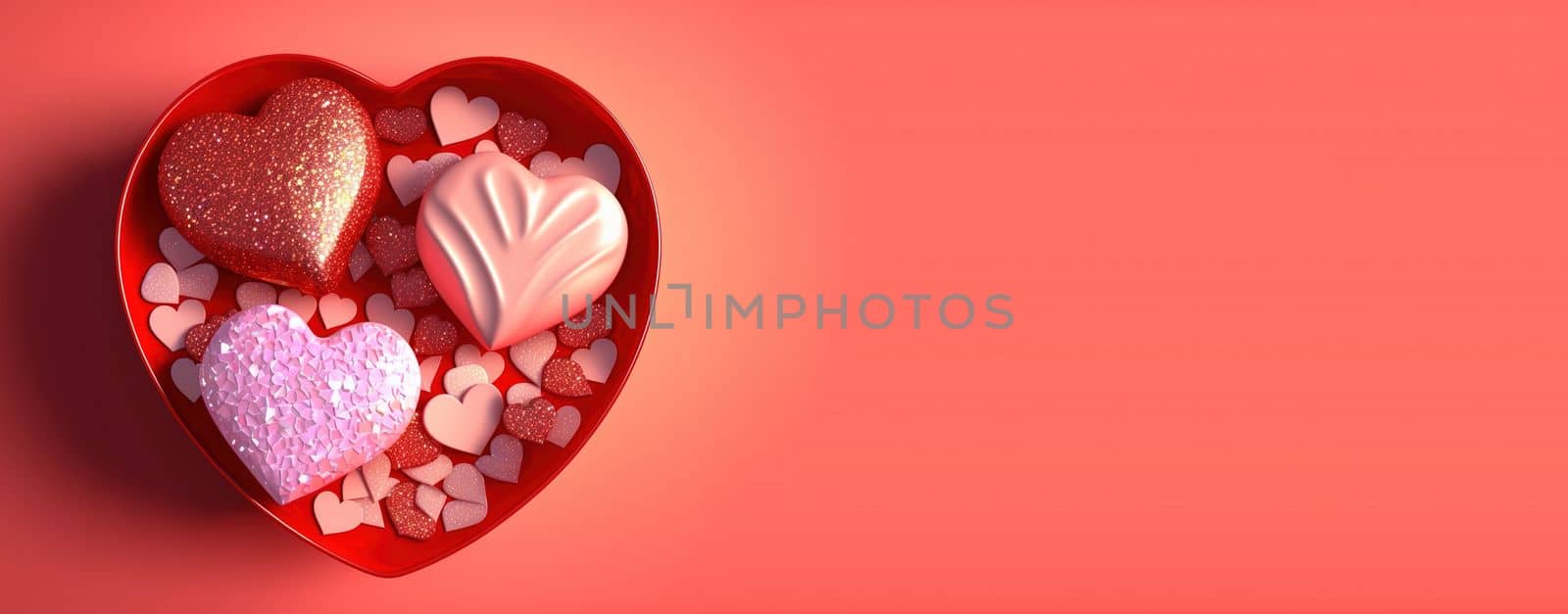 Valentine's Day 3D Heart Illustration and Crystal Diamond Banner and Background