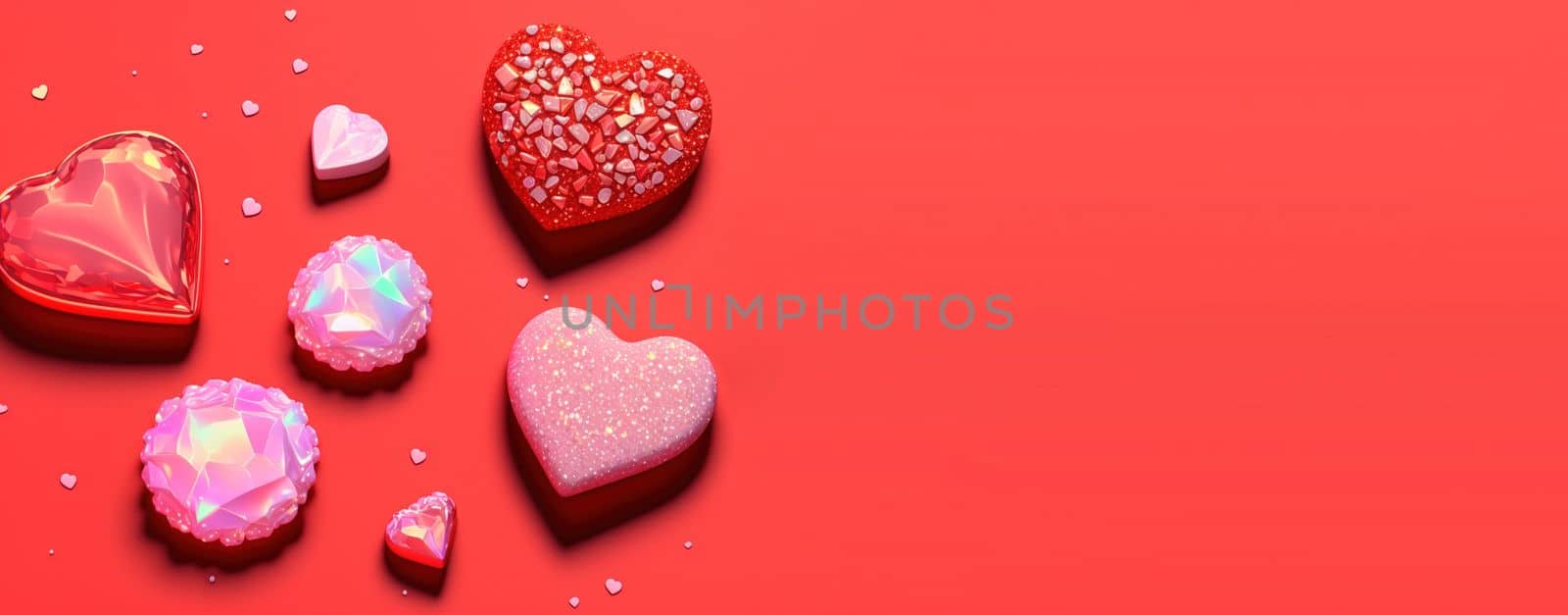 Gleaming 3D Heart, Diamond, and Crystal Illustration for Valentine's Day Banner and Background