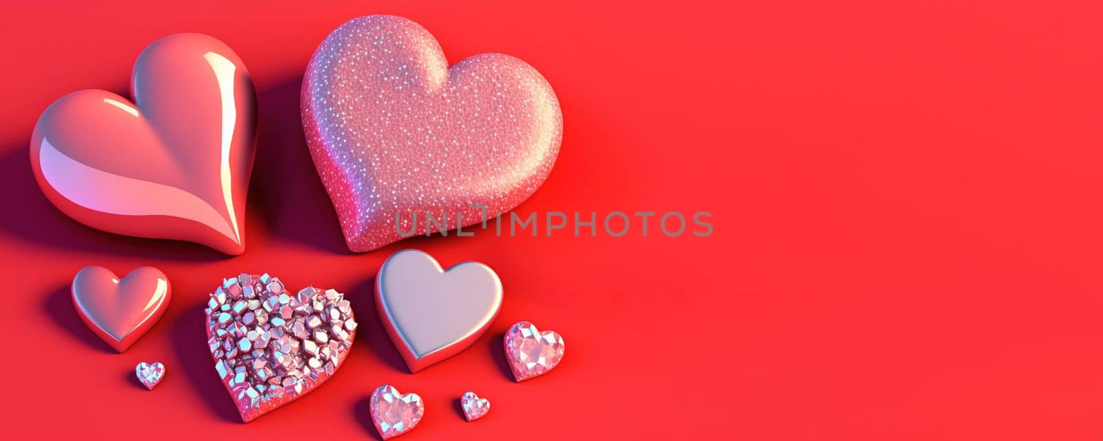 Valentine's Day 3D Heart Illustration and Crystal Diamond Banner and Background