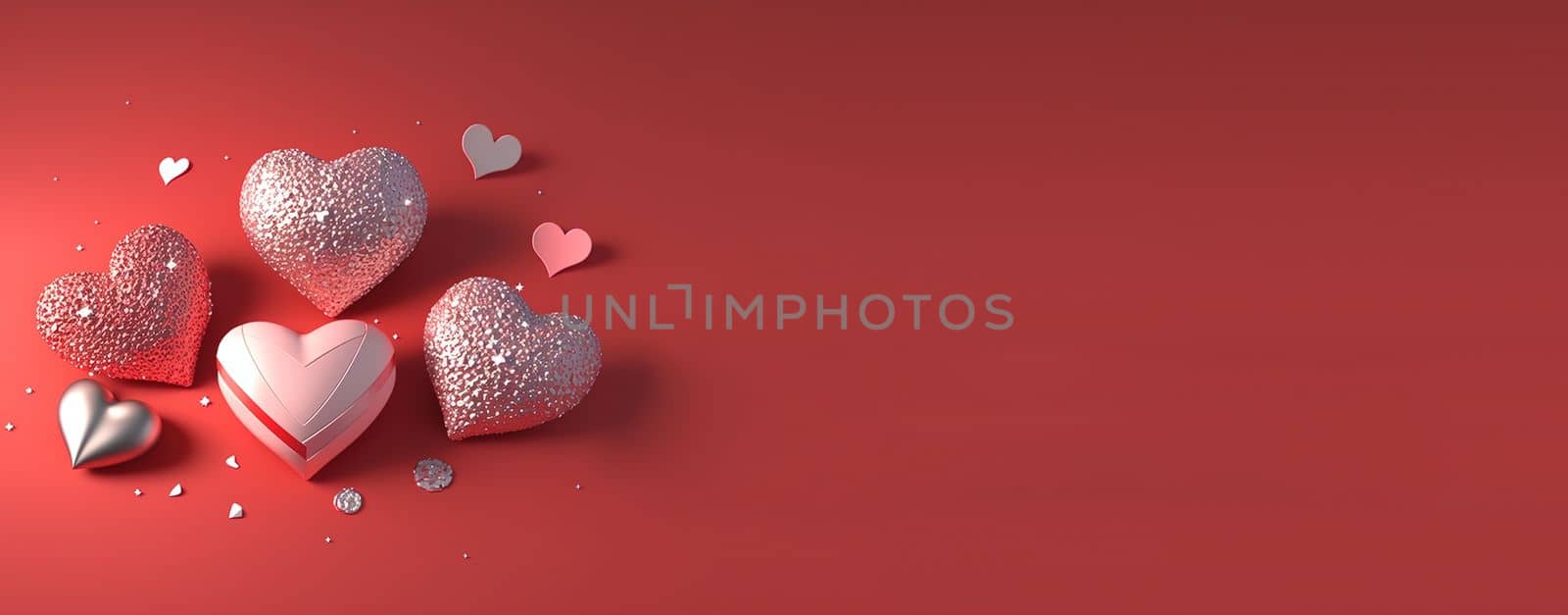 Valentine's Day 3D Heart Illustration and Crystal Diamond Banner and Background