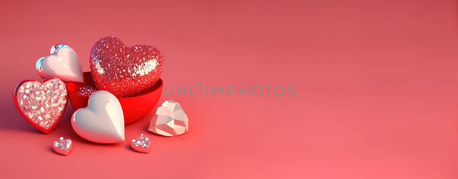 Valentine's Day Heart Objects and Crystal Diamonds Background