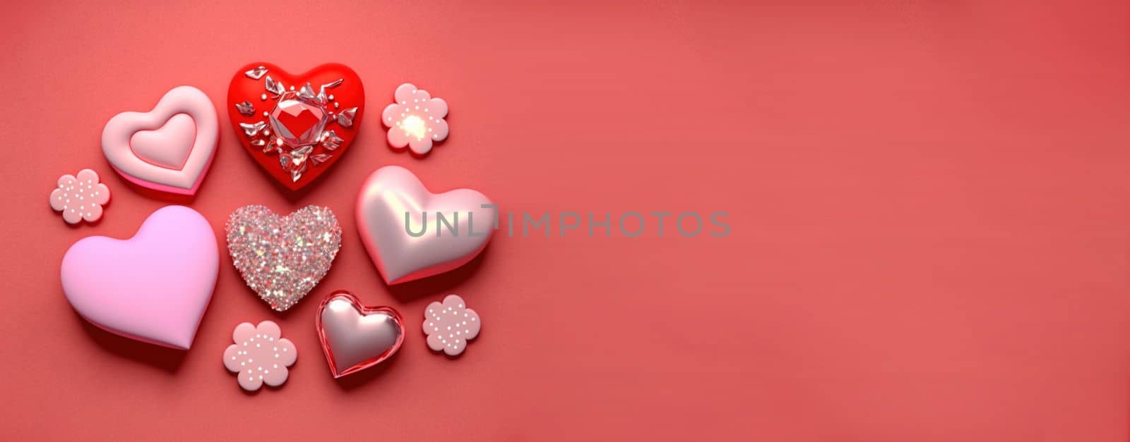 Valentine's Day Crystal Diamond and 3D Heart Illustration Banner by templator