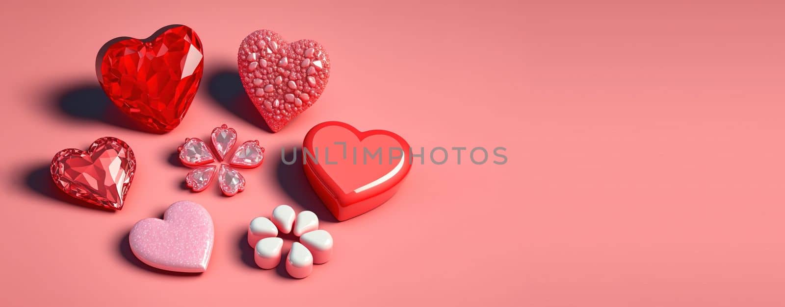 Valentine's Day 3D Heart Illustration and Diamond Crystal Theme Banner and Background by templator