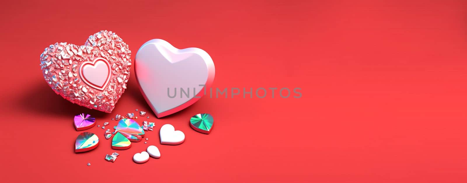 Valentine's Day 3D Heart Illustration and Diamond Crystal Theme Banner and Background