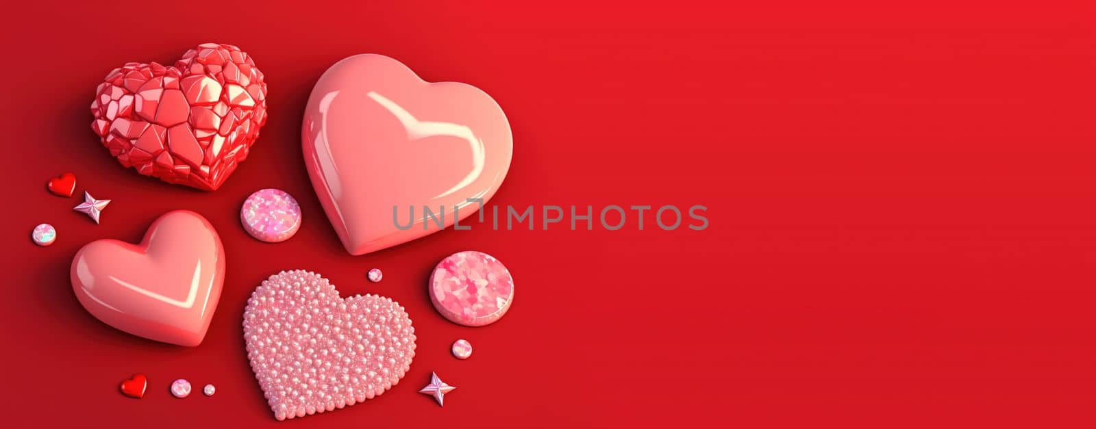 Valentine's Day 3D Heart Illustration Objects and Crystal Diamond Background Design